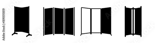 Modern black room divider screens with vertical slats vector illustration, minimalist interior design element, scalable flat graphic