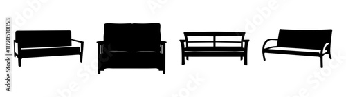Modern black outdoor furniture set garden bench chair table minimalist flat design vector illustration