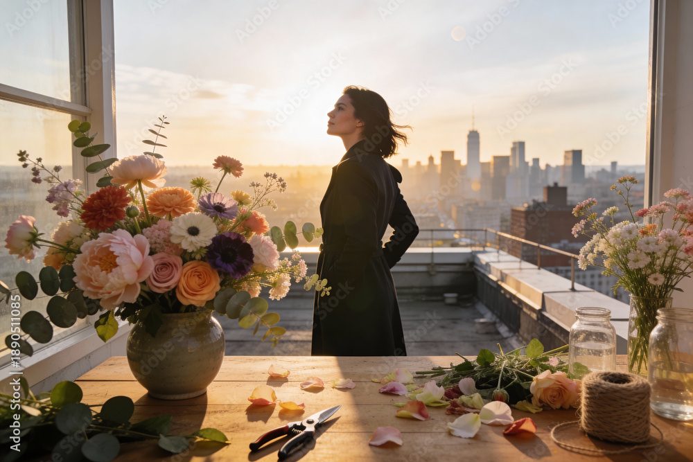 Fototapeta premium A woman in black coat stands on rooftop balcony at sunset, surrounded by flower bouquets and petals on wooden table, overlooking city skyline with warm golden light and calm mood.