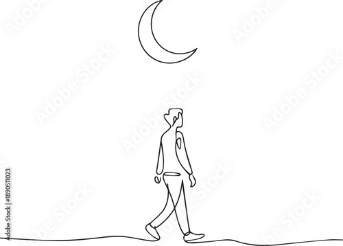 Man walks alone under the crescent moon in a serene night landscape illustration