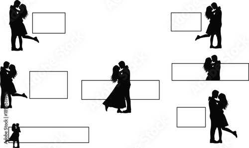 Black silhouette icons of couples in romantic poses with blank label spaces for love-themed and interactive visuals