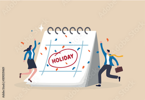 Company holiday for employee to take a break and recharge, employee appreciation day or long holiday happiness concept, business people with big calendar jumping with joy to celebrate long holiday.