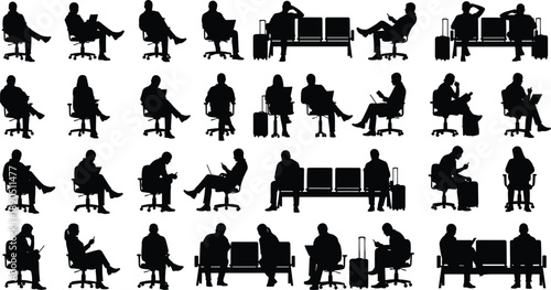 Black silhouettes of seated individuals using digital devices in office and travel settings for tech and lifestyle visuals