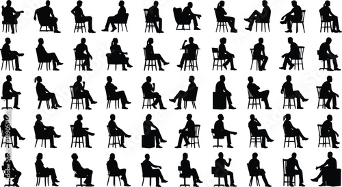 Seated human silhouette set with diverse chair postures and gestures, vector artwork