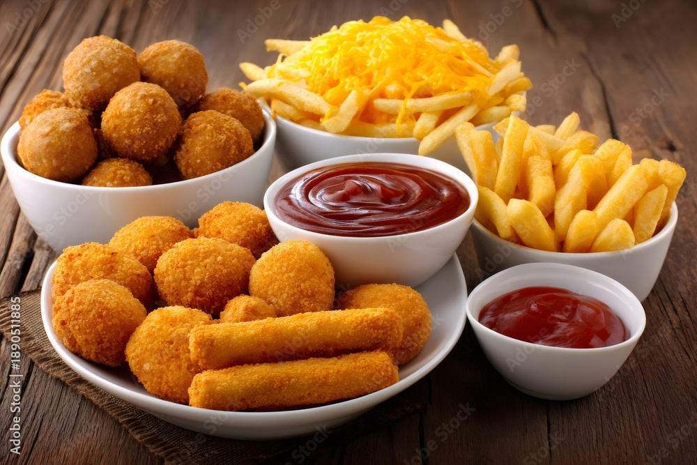 Naklejka premium Assortment of fried fast food snacks with ketchup