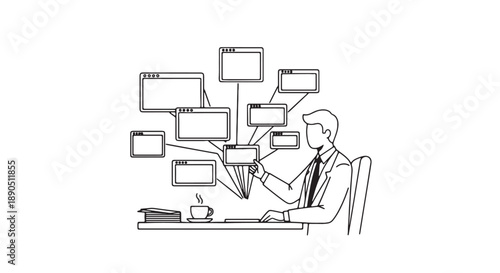 Businessman overwhelmed by multiple screens and tasks at his office desk