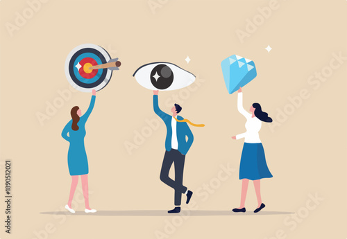 Mission, vision and value, company statement to drive success, strategy plan or leadership principle for employee to reach target concept, business people holding mission, vision and value elements.