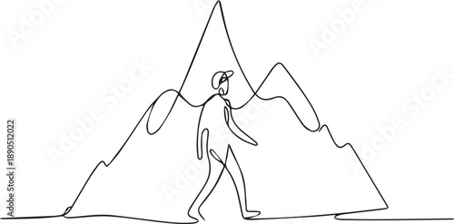 A lone hiker traverses rugged mountainous terrain, minimalist illustration