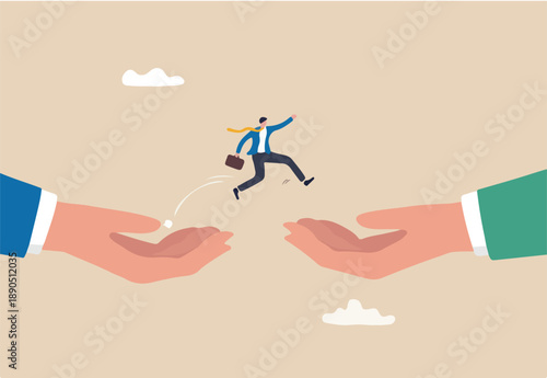 Change job or career, escape from toxic office, determination and courage to change to better place, improvement or progression concept, confidence businessman jumping from giant hand to new place.
