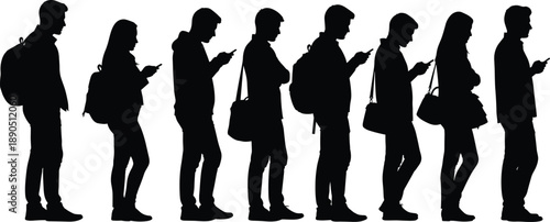 Black silhouettes of eight individuals standing and looking at smartphones for digital behavior and tech lifestyle visuals