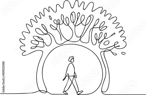 Person walking within a circular frame surrounded by abstract tree-like structure