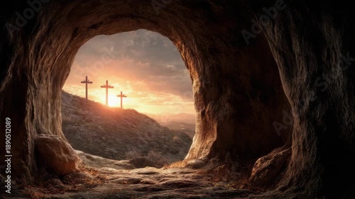 Empty tomb with three crosses on a hill at sunrise, symbolizing resurrection and hope