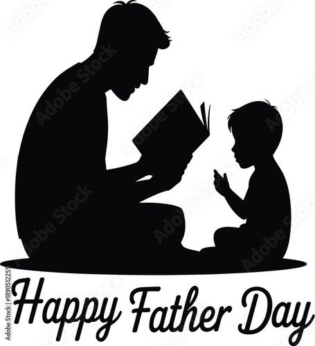 Silhouette of father and child reading book with Happy Father Day text vector illustration EPS PNG file download.
