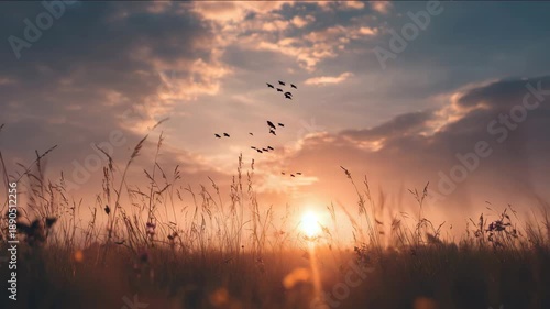 Golden sunset over a field of tall grass with birds flying in the sky