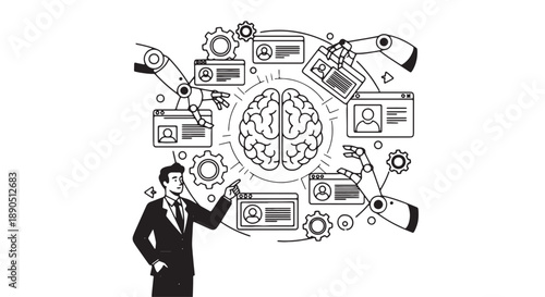 Businessman interacting with abstract digital brain surrounded by technology and innovation symbols in black and white illustration