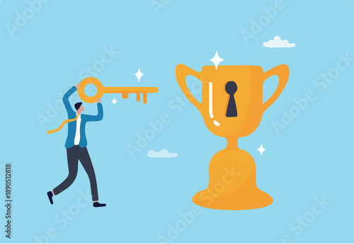 Unlock key to success, solution to achieve winning opportunity, chance or challenge, ambition or motivation to succeed in life, hard work, businessman with key to success to unlock winning trophy.