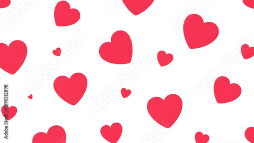 Vibrant red hearts scattered on white background for love and Valentine's Day themes