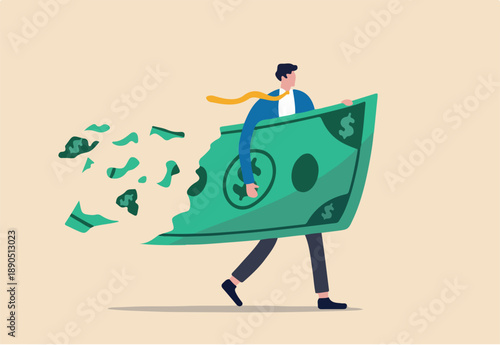 Lose money investment in financial crisis, profit and loss in business or deflation and inflation concept, businessman holding big dollar banknote money while loss, crumble and reduce in value.