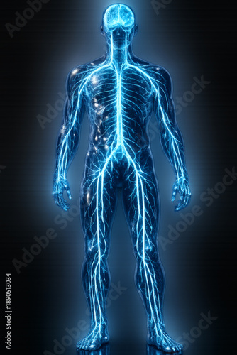 Detailed anatomy rendering featuring a stylized, glowing figure displaying a luminous network simulating human nerves, arteries, and veins.