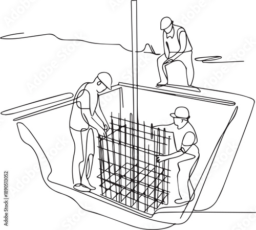 Workers constructing foundation with rebar grid in excavation site