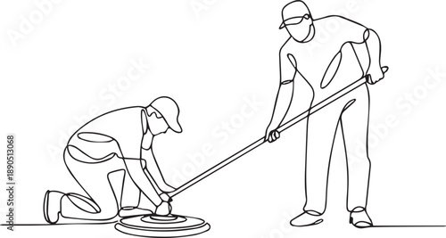 Two workers cleaning the floor with a mop and brush in a simple line illustration