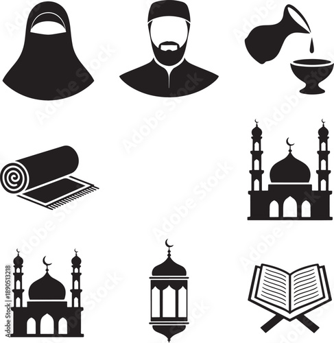Islamic Ramadan Icons Set Mosque Quran Prayer Hijab Silhouette