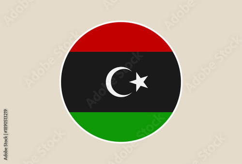 Libyan national flag displayed in a round button style, an isolated vector symbol of national pride and identity.