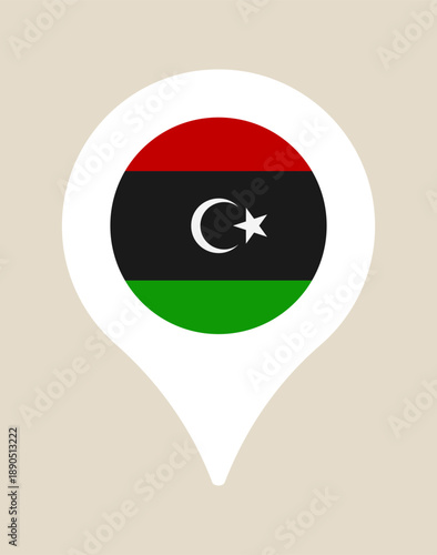 Libya map pin with the national flag icon for showing geographic location, a modern isolated vector illustration.