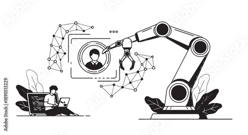 Robot arm lifting person icon from screen symbolizing human robot collaboration and digital interaction in modern technology