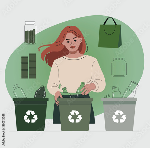 Three Bin Recycling System with Woman Sorting Trash - Environmental Vector
