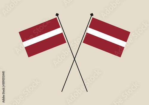 Two crossed flags of Latvia on flagpoles, a simple vector icon illustration representing national pride and international diplomacy.