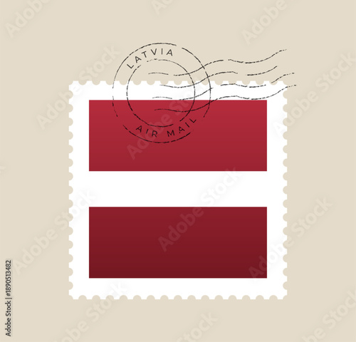 Vintage postage stamp featuring the Latvian flag with a distressed air mail cancellation postmark for travel concepts.