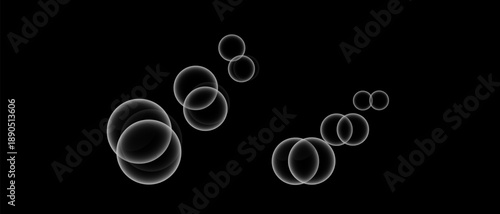 Abstract music background featuring glowing blue bubbles and music notes on a dark wallpaper pattern with bright plasma spheres and a colorful blur design