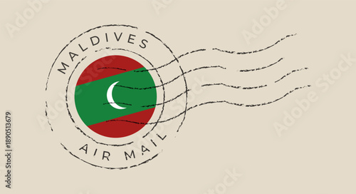 Maldives flag featured in a grunge air mail postmark, a vintage vector icon for international travel and postal correspondence.
