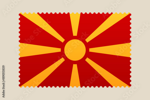 Flag of North Macedonia designed as a classic postage stamp, a patriotic vector illustration for national identity and travel.