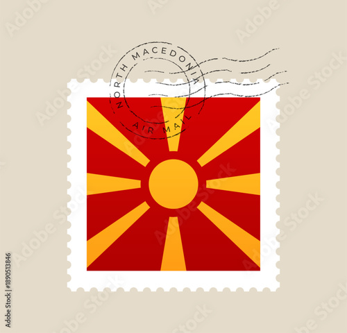 North Macedonia flag on a postage stamp canceled with an air mail postmark, a retro travel vector illustration.