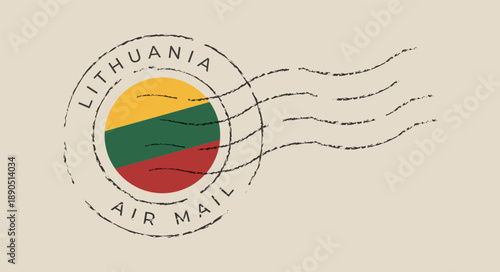 Lithuania air mail stamp featuring the national flag in a grunge postmark, a vintage vector for travel.