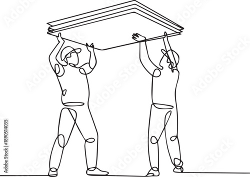 Two people holding a large slab of stone together in a harmonious gesture of cooperation and unity