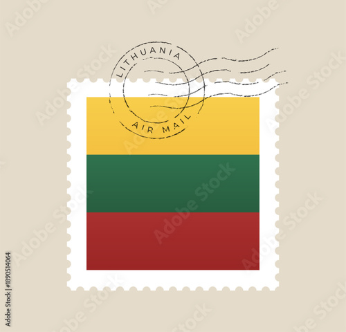 Lithuanian flag postage stamp with a postmark cancellation for air mail correspondence in a vintage vector design.