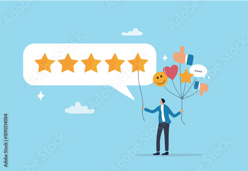 5 Stars review, customer feedback evaluation, best quality or satisfaction, opinion, best rating reputation or online positive review concept, customer giving 5 stars rating or customer experience.