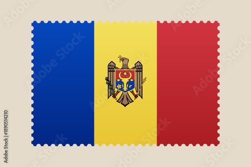 Flag of Moldova with coat of arms designed in the shape of a postage stamp for patriotic national identity.