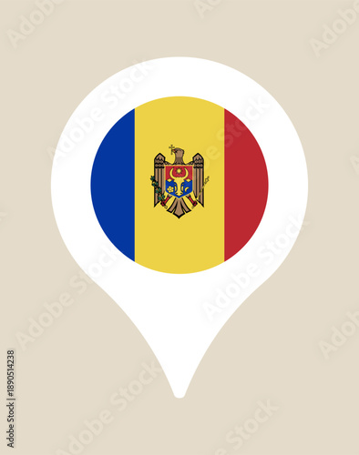 Moldova flag with coat of arms inside a white map pin icon representing national location, travel, and geography.