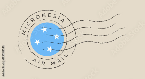 Micronesia flag inside a retro rubber stamp postmark symbolizing international air mail travel with a distressed grunge texture.