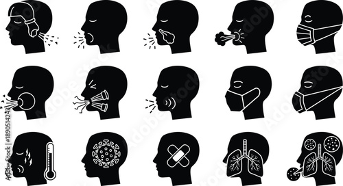 Respiratory health vector icons set, black silhouettes showing coughing, sneezing, masks, fever, virus, lungs, medical symptoms, disease prevention graphics