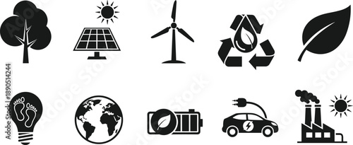 Renewable energy vector icons set, black eco symbols for solar, wind, recycling, electric car, sustainability, green technology, environmental graphic design