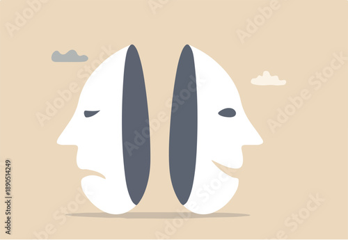 Bipolar disorder, multi personality or emotional intelligence, change feeling or mood, anxiety disease or depression concept, disguise mask face with one happy smiling and other sad and sorrowful.