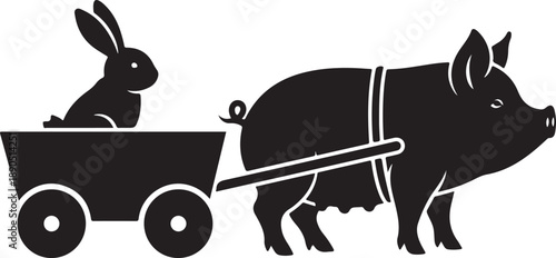 Bunny Riding Cart Pulled by Pig Silhouette Farm Animal Design