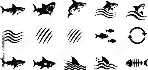 Shark vector icons set, black silhouettes of ocean predators, fins, waves, bites, marine symbols for fishing, danger, nautical graphic design