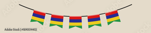 Mauritius flag bunting hanging in a festive garland for a national holiday celebration or event decoration.