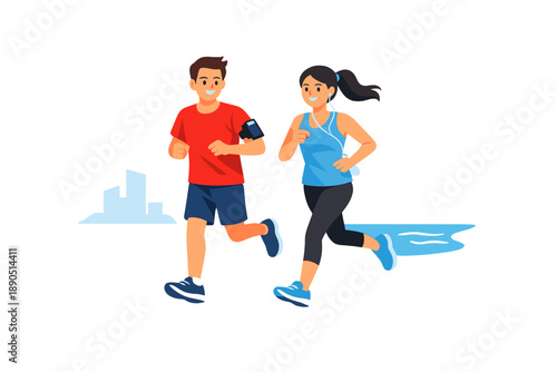 Two people running in a city park during daytime with buildings and water in the background, enjoying exercise and fresh air while staying active and healthy